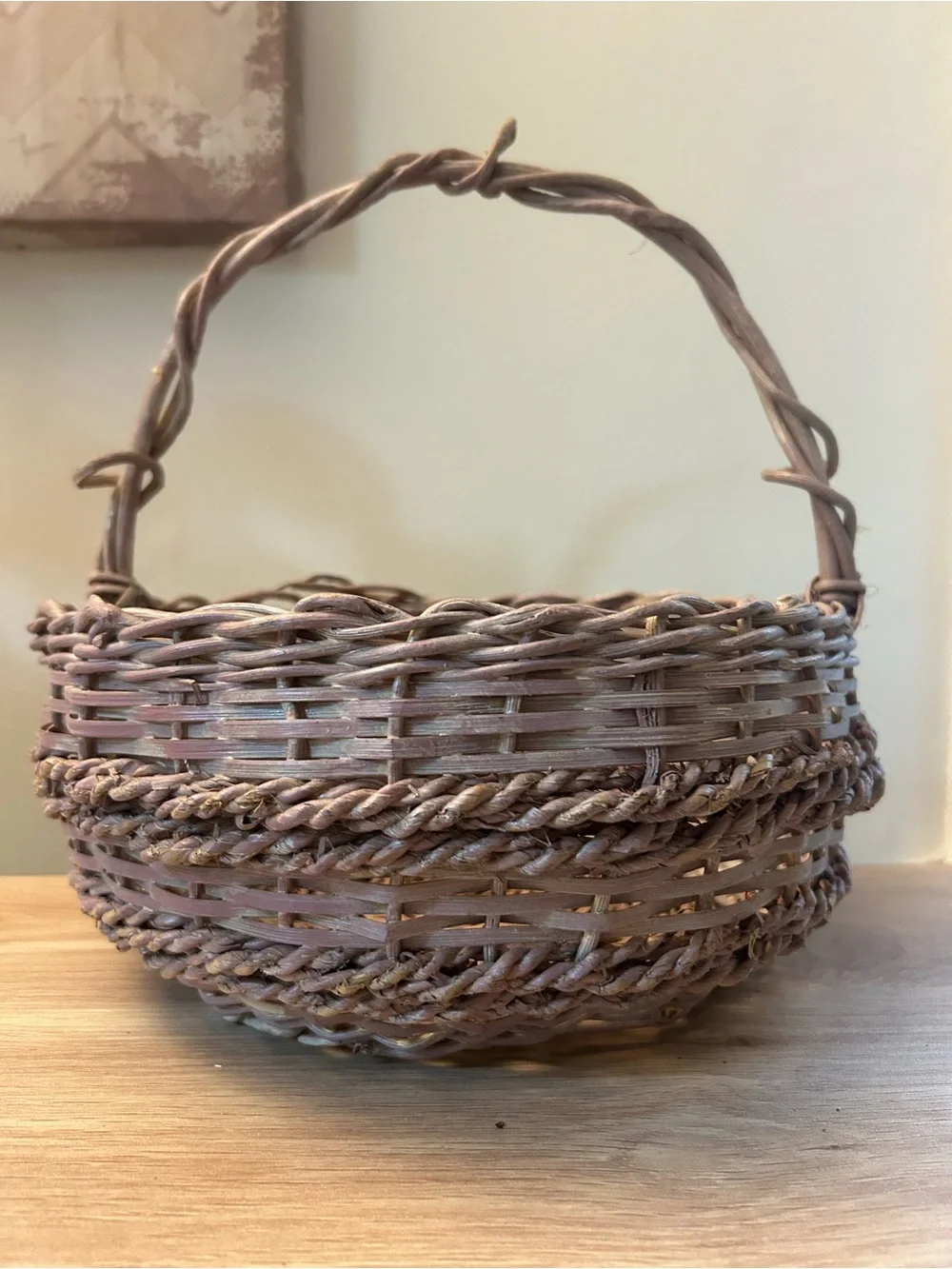 Vintage Woven Handled Basket in Dusty Mauve